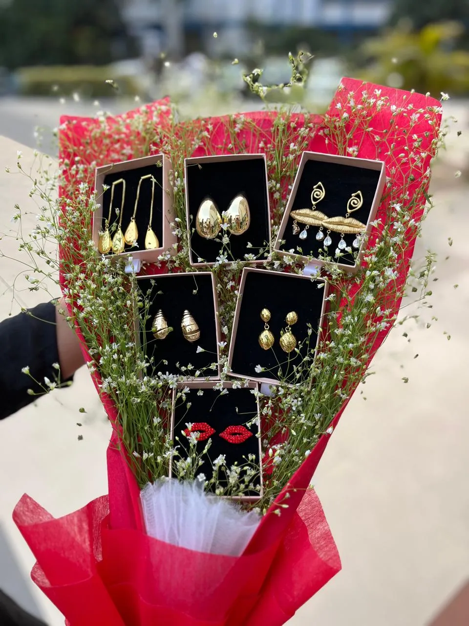 Love Wrapped in Gold: A Unique Valentine’s Bouquet of Earrings