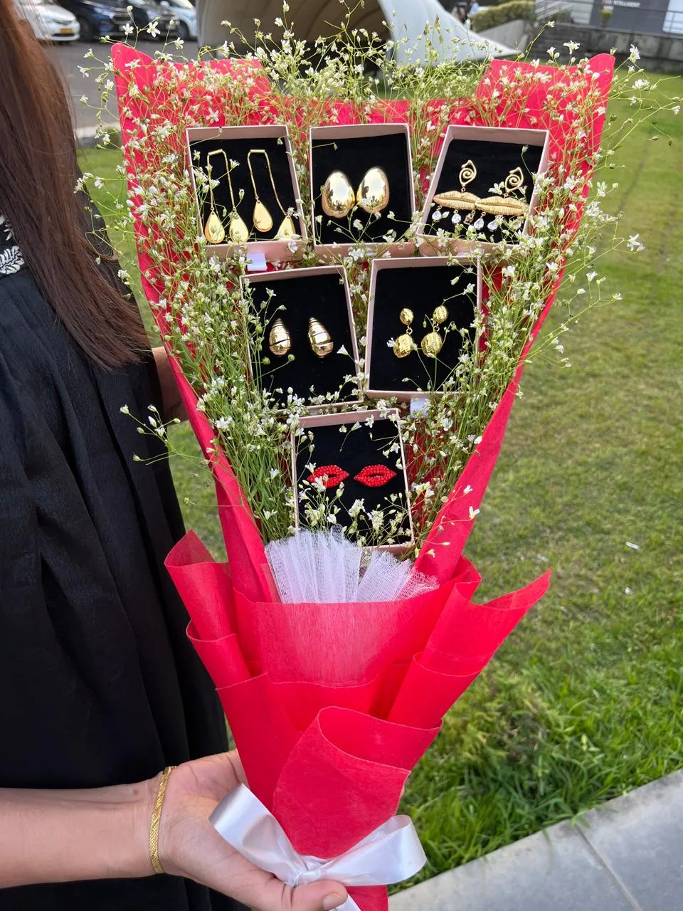 Love Wrapped in Gold: A Unique Valentine’s Bouquet of Earrings