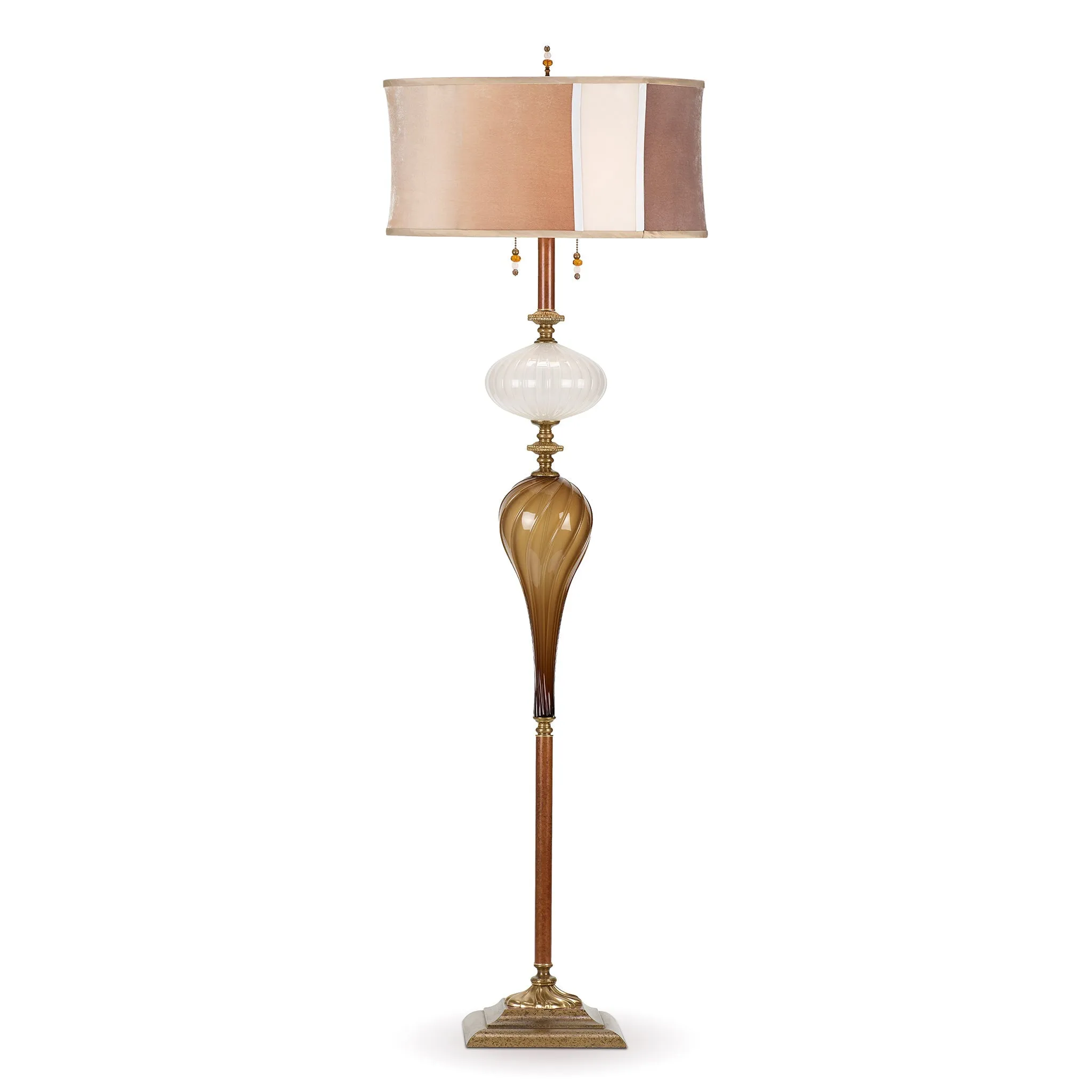 Luke Floor Lamp F230AK175 Colors White and Brown Blown Glass Base with Silk Velvet Neutral Colored Shade Artistic by Kinzig Design