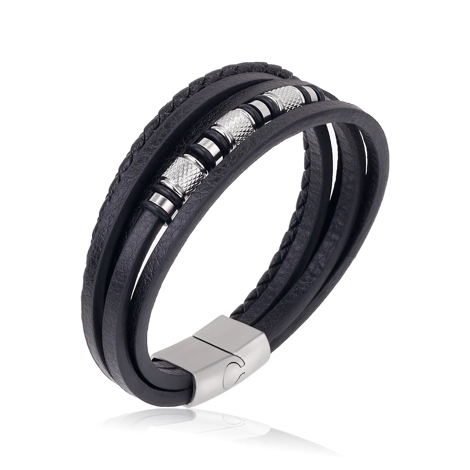 Luxury Stainless Steel Beaded Bracelet Fashion Men&#39;s Jewelry Classic Multilayer Braided Leather Bracelet Homme New Year Men Gift