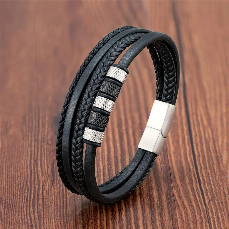 Luxury Stainless Steel Beaded Bracelet Fashion Men&#39;s Jewelry Classic Multilayer Braided Leather Bracelet Homme New Year Men Gift