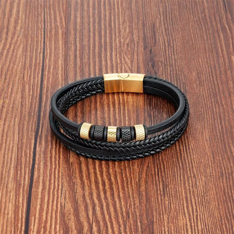 Luxury Stainless Steel Beaded Bracelet Fashion Men&#39;s Jewelry Classic Multilayer Braided Leather Bracelet Homme New Year Men Gift
