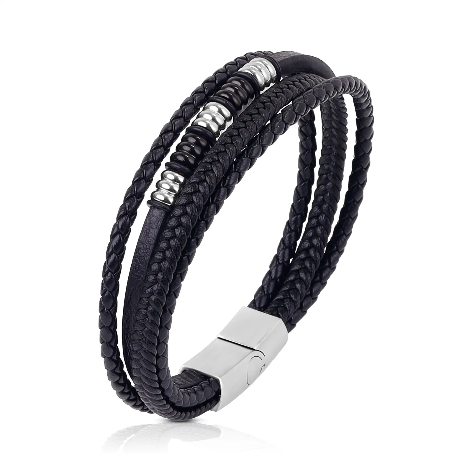 Luxury Stainless Steel Beaded Bracelet Fashion Men&#39;s Jewelry Classic Multilayer Braided Leather Bracelet Homme New Year Men Gift