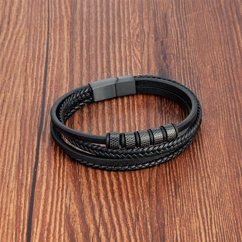 Luxury Stainless Steel Beaded Bracelet Fashion Men&#39;s Jewelry Classic Multilayer Braided Leather Bracelet Homme New Year Men Gift