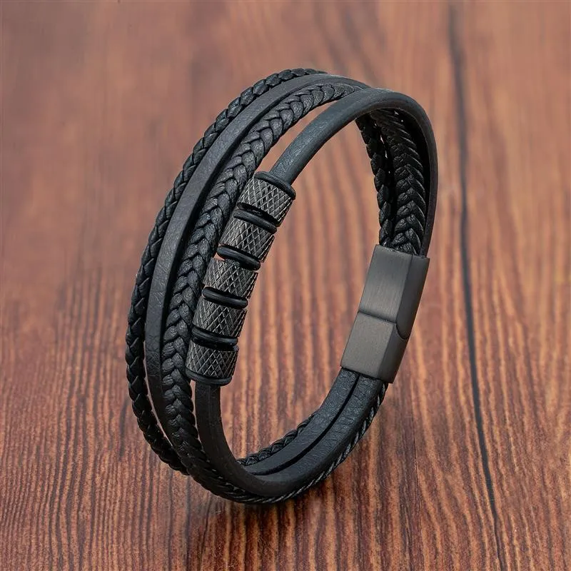 Luxury Stainless Steel Beaded Bracelet Fashion Men&#39;s Jewelry Classic Multilayer Braided Leather Bracelet Homme New Year Men Gift