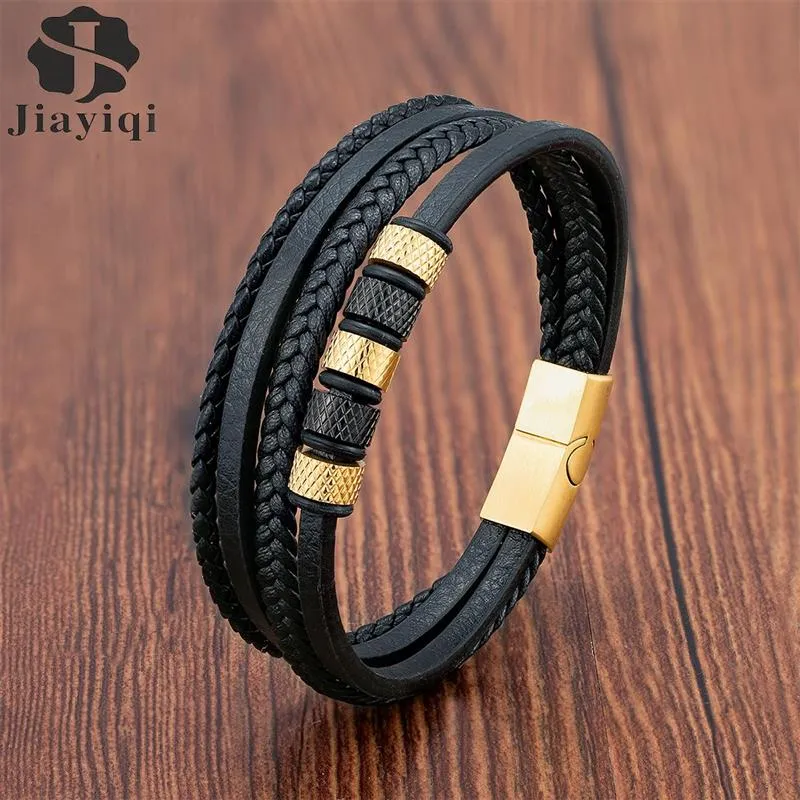 Luxury Stainless Steel Beaded Bracelet Fashion Men&#39;s Jewelry Classic Multilayer Braided Leather Bracelet Homme New Year Men Gift