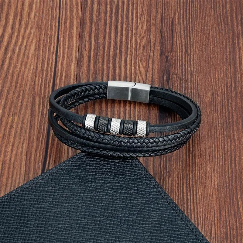 Luxury Stainless Steel Beaded Bracelet Fashion Men&#39;s Jewelry Classic Multilayer Braided Leather Bracelet Homme New Year Men Gift