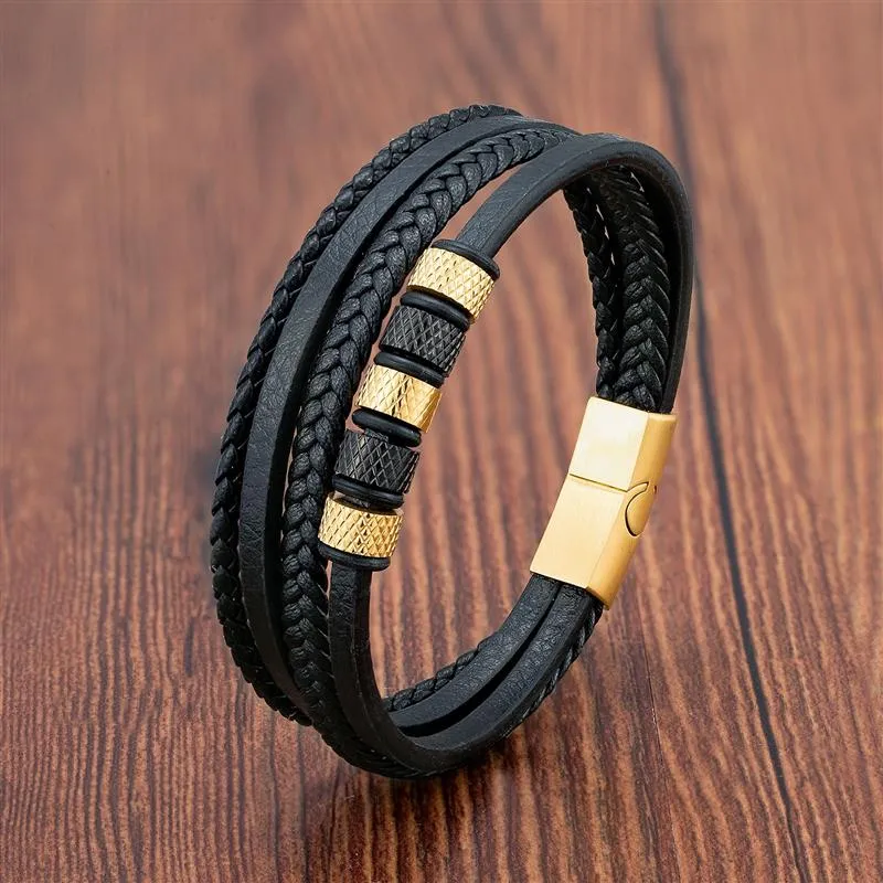 Luxury Stainless Steel Beaded Bracelet Fashion Men&#39;s Jewelry Classic Multilayer Braided Leather Bracelet Homme New Year Men Gift