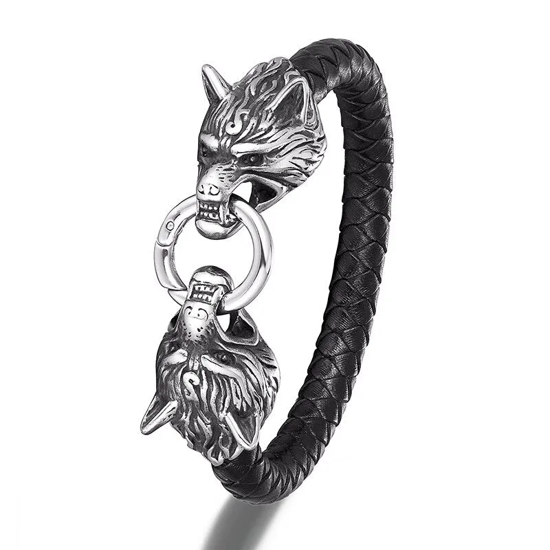 Men Punk Double Wolf Head Bracelet  Stainless Steel Rock Bangles
