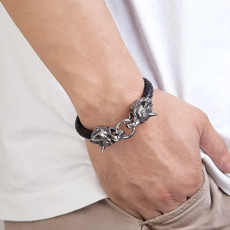 Men Punk Double Wolf Head Bracelet  Stainless Steel Rock Bangles
