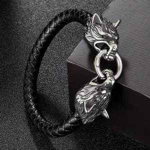 Men Punk Double Wolf Head Bracelet  Stainless Steel Rock Bangles