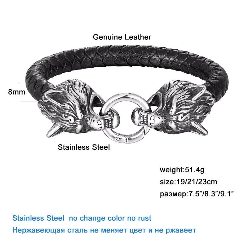 Men Punk Double Wolf Head Bracelet  Stainless Steel Rock Bangles