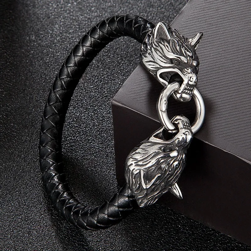 Men Punk Double Wolf Head Bracelet  Stainless Steel Rock Bangles