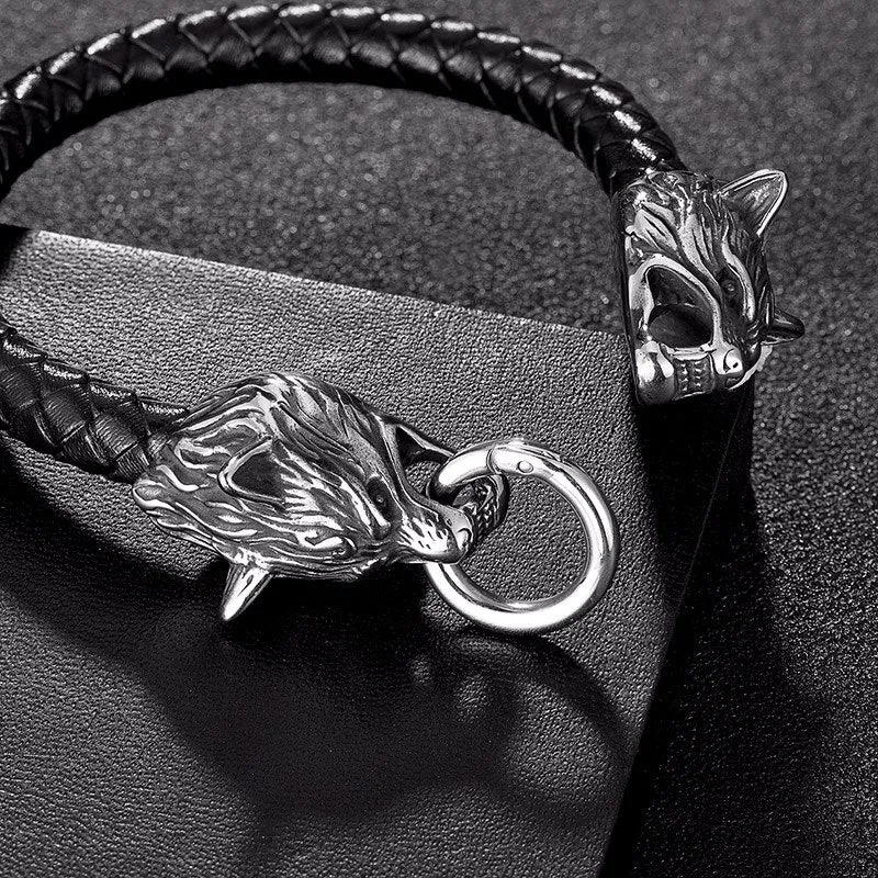 Men Punk Double Wolf Head Bracelet  Stainless Steel Rock Bangles
