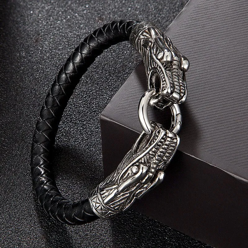 Men Punk Double Wolf Head Bracelet  Stainless Steel Rock Bangles