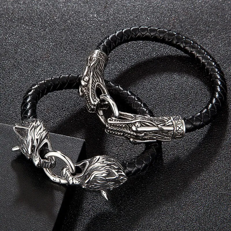 Men Punk Double Wolf Head Bracelet  Stainless Steel Rock Bangles