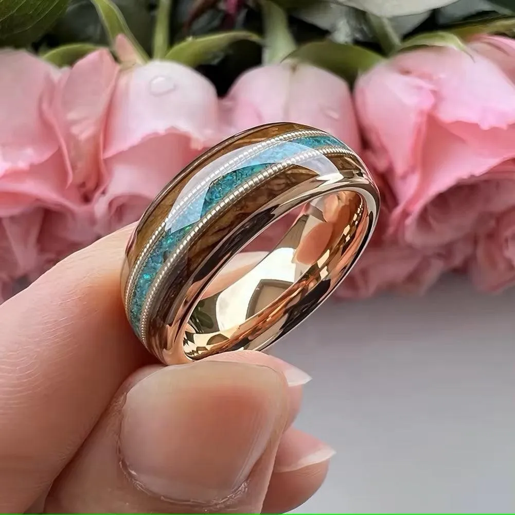 Men's Rose Gold IP Wood Green Opal Inlay Comfort Fit Tungsten Ring