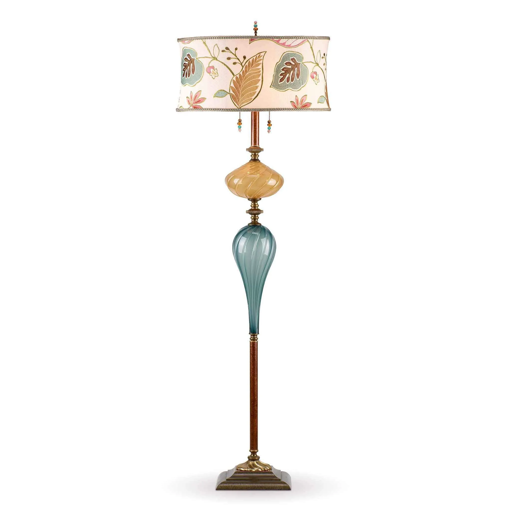 Micah Floor Lamp F173 Af 147 by Kinzig Design, Jade, Gold Blown Glass, Cream ,Gold, Pink, Green Embroidered Shade