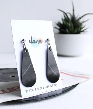 minimal long teardrop black vinyl record earrings / ethical fashion
