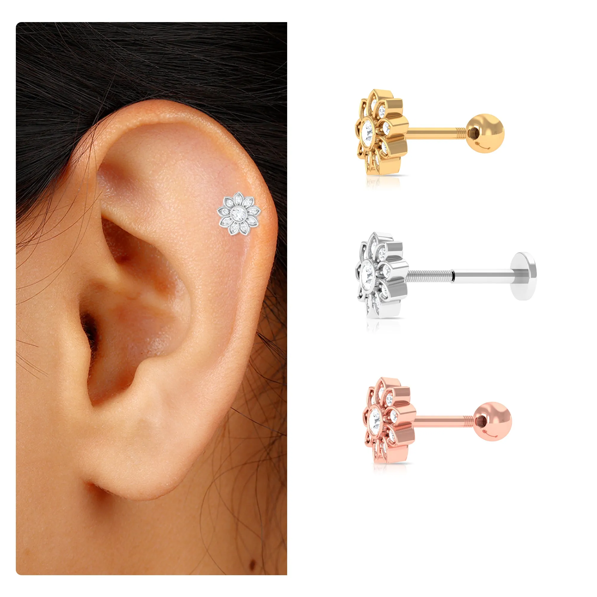 Moissanite Flower Cartilage Earring in Gold