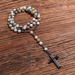 Natural 8mm Amazonite Beads Catholic Christ Rosary Necklaces Hematite Cross Pendant