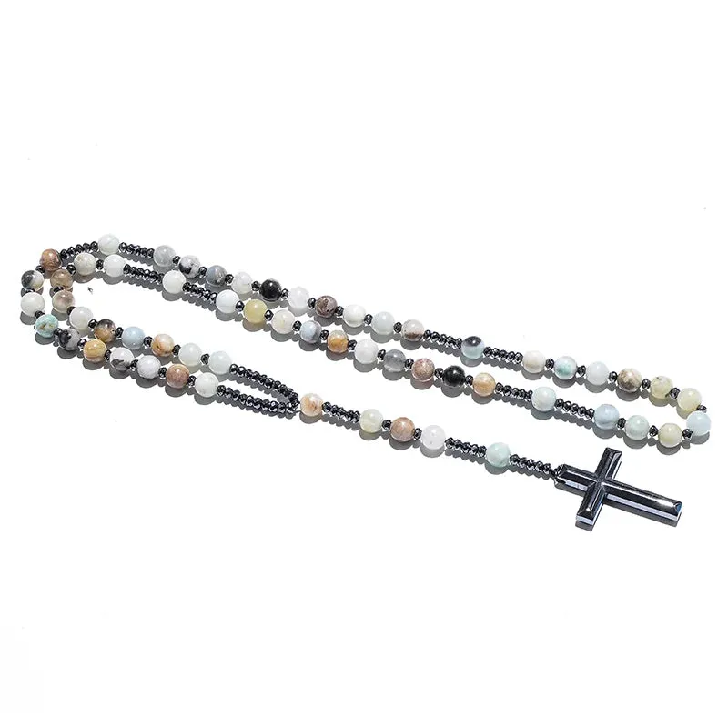 Natural 8mm Amazonite Beads Catholic Christ Rosary Necklaces Hematite Cross Pendant