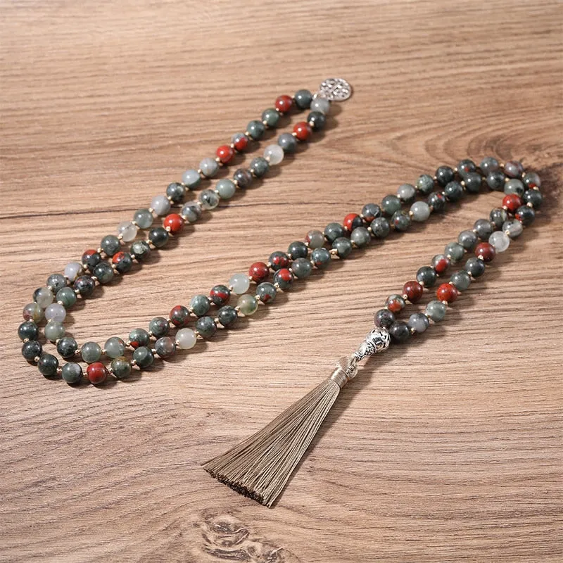 Natural Bloodstone 108 Mala Beaded Knotted Necklace