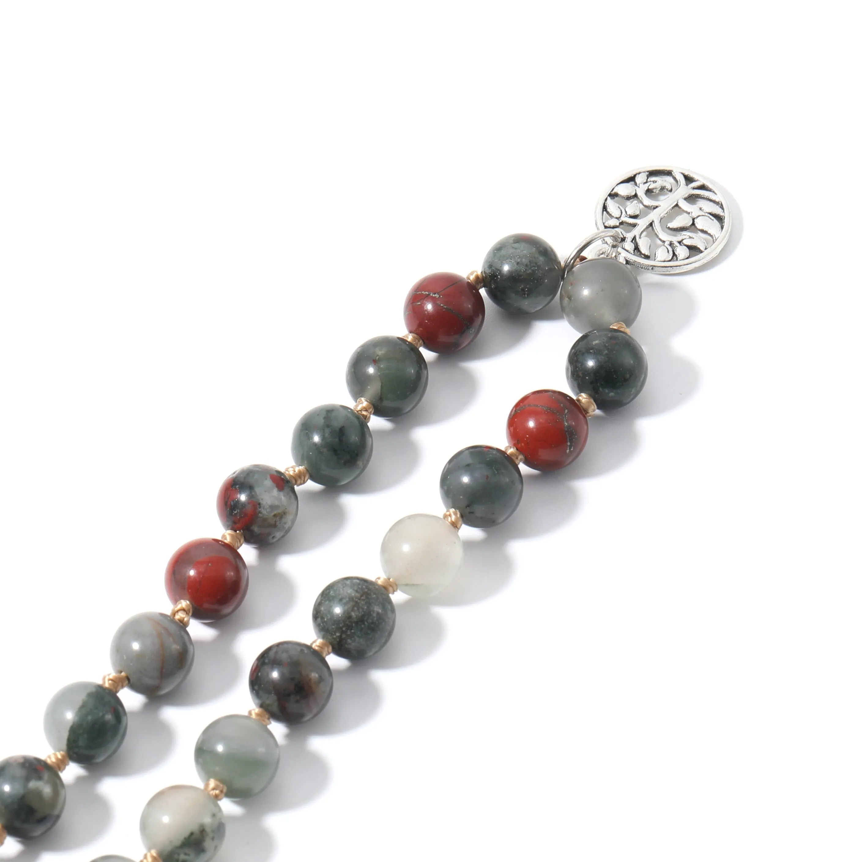 Natural Bloodstone 108 Mala Beaded Knotted Necklace