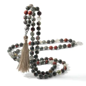 Natural Bloodstone 108 Mala Beaded Knotted Necklace