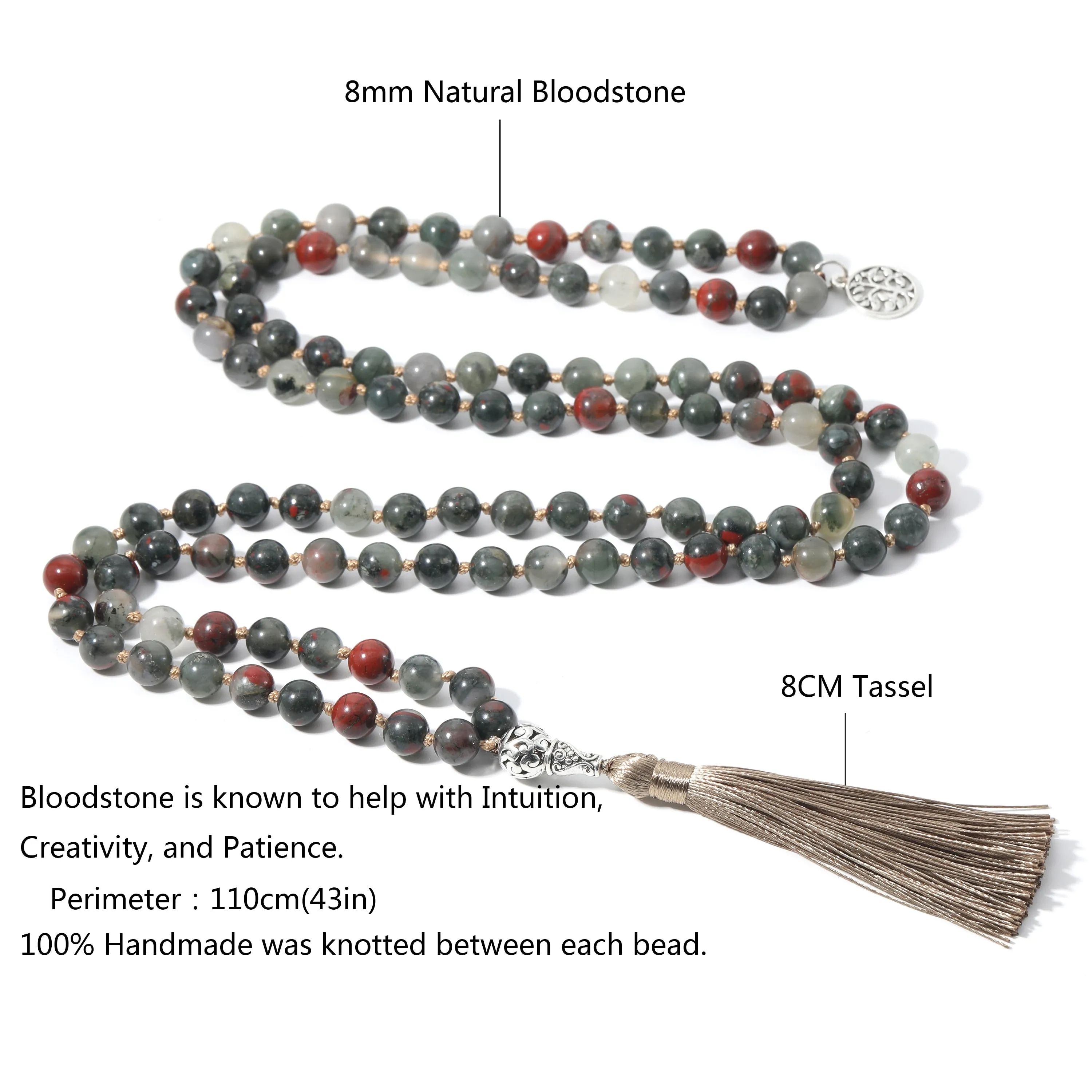 Natural Bloodstone 108 Mala Beaded Knotted Necklace