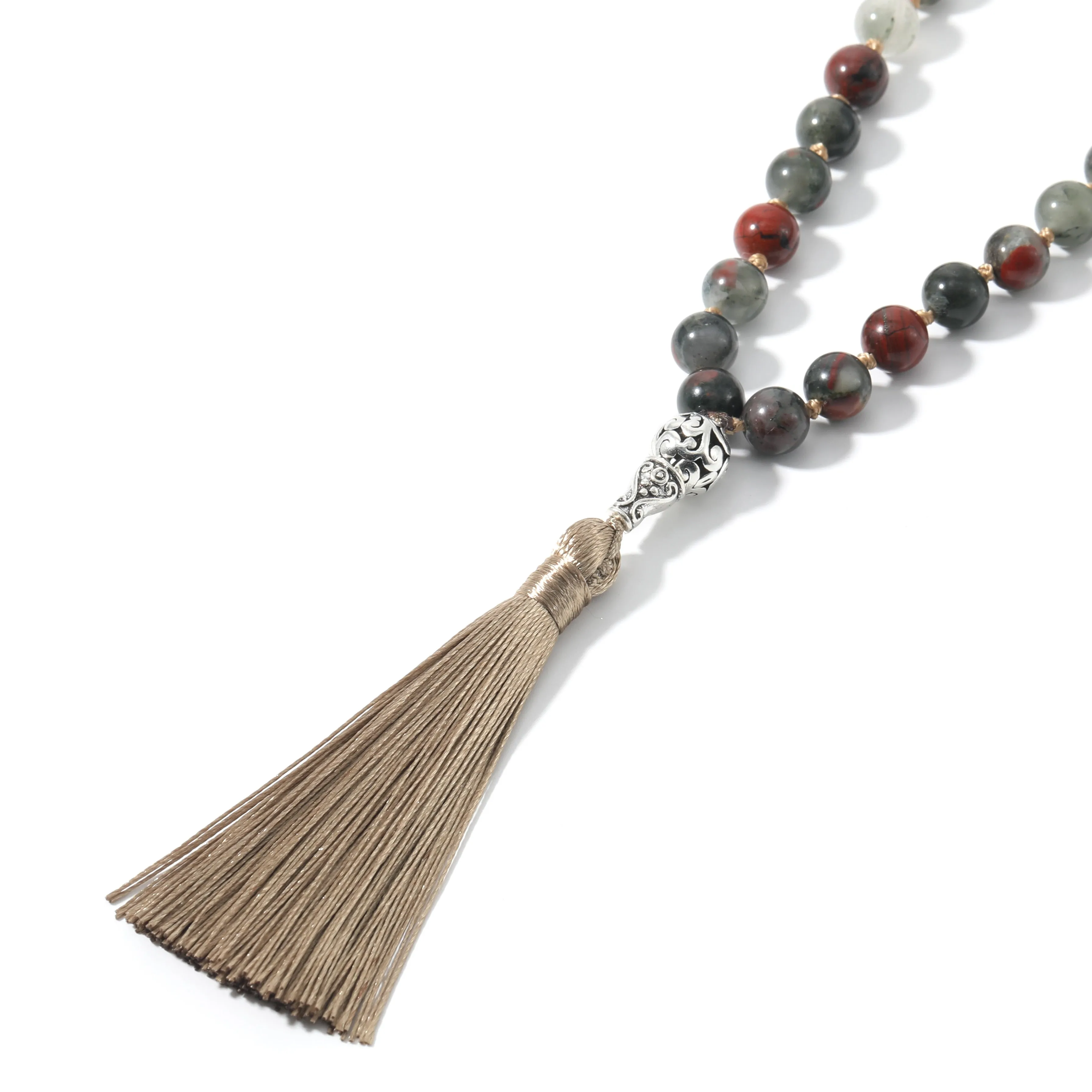 Natural Bloodstone 108 Mala Beaded Knotted Necklace
