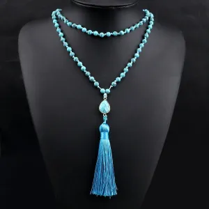 Natural Blue Pine Stone 108 Mala Beads Long Necklaces 6mm Natural Stone Pendant Women