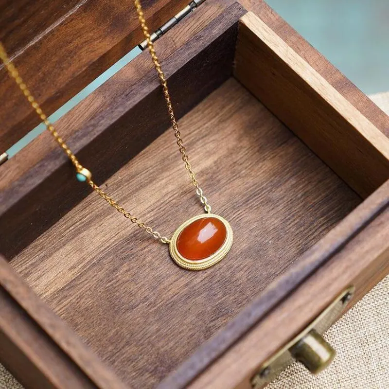 Natural carnelian turquoise egg face retro palace style necklace oval pendant