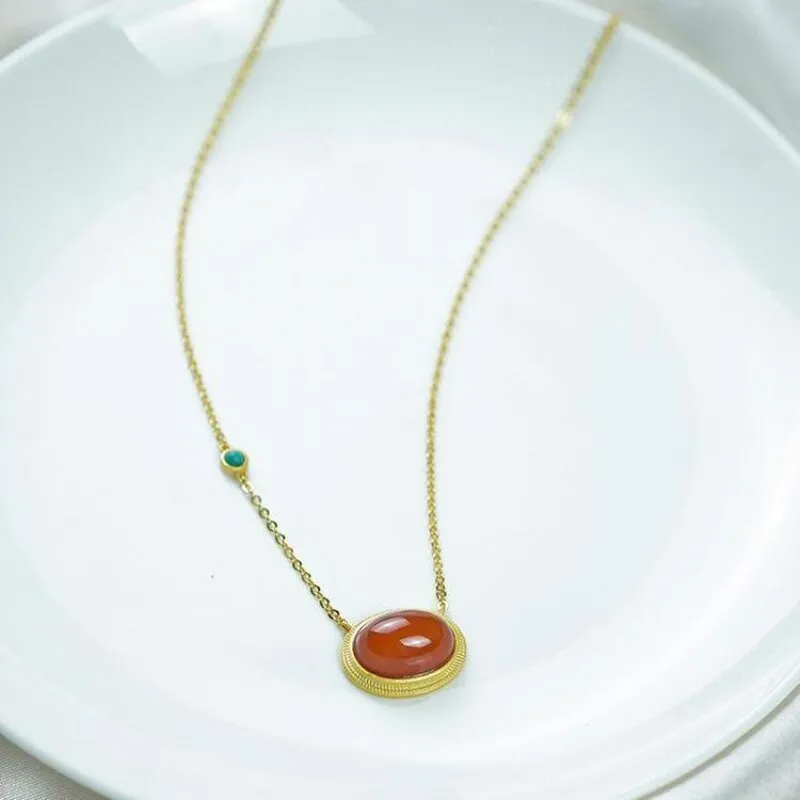 Natural carnelian turquoise egg face retro palace style necklace oval pendant