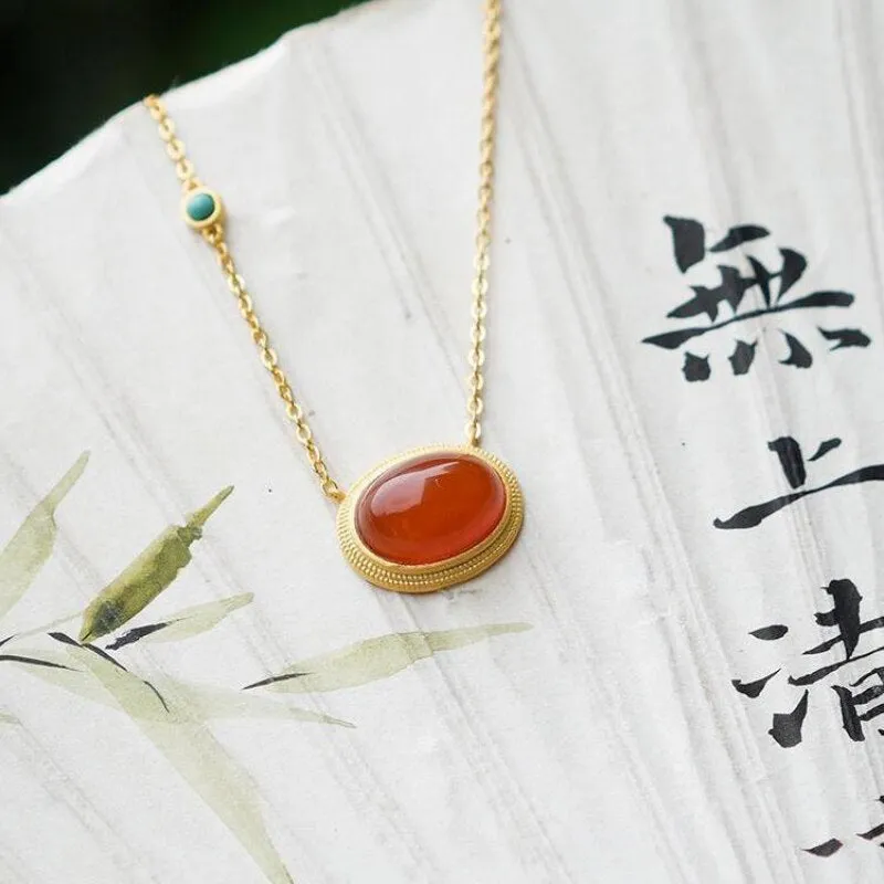 Natural carnelian turquoise egg face retro palace style necklace oval pendant