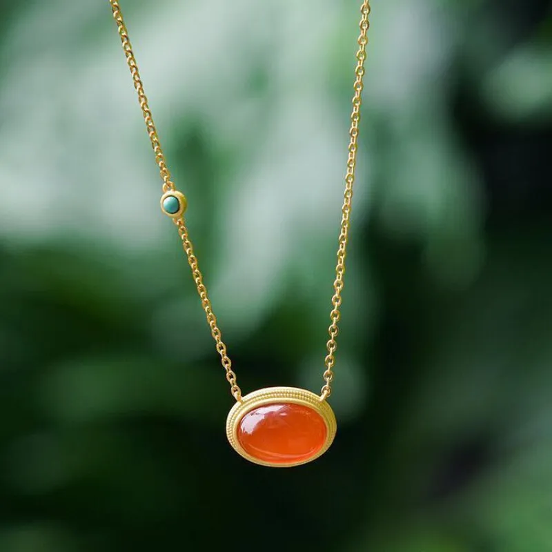 Natural carnelian turquoise egg face retro palace style necklace oval pendant
