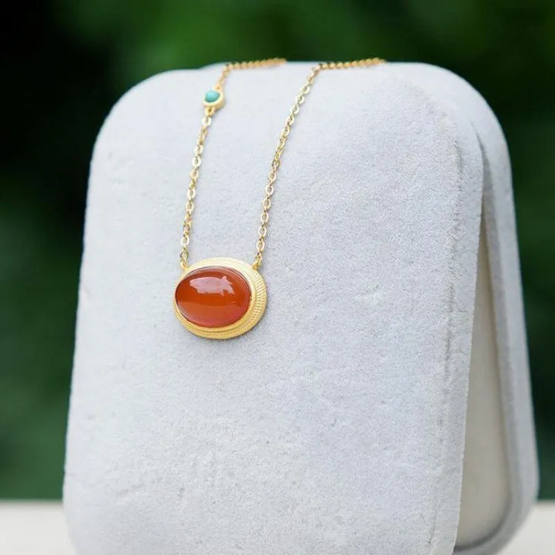 Natural carnelian turquoise egg face retro palace style necklace oval pendant