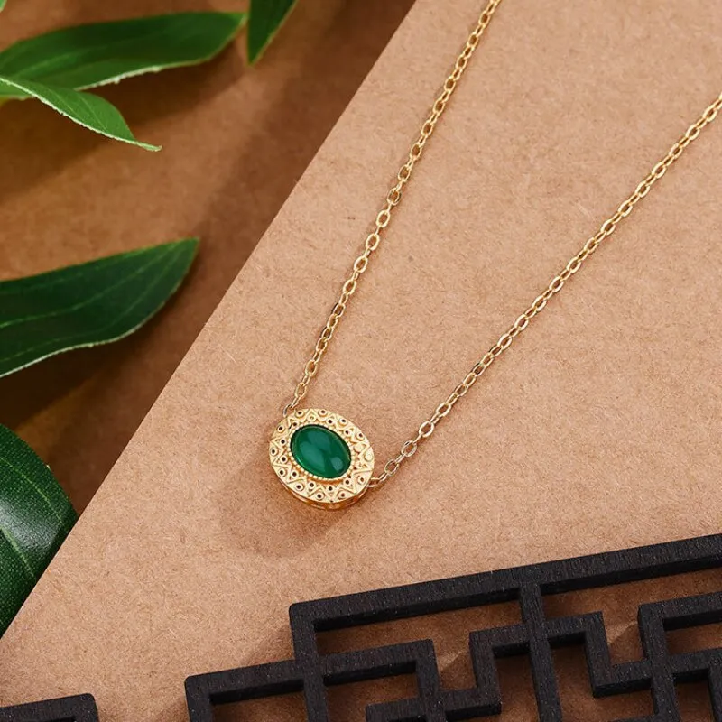 Natural Green Chalcedony Oval Necklace Pendant