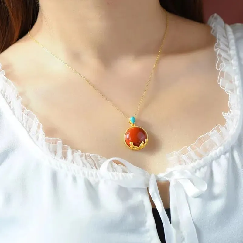 Natural Hetian Chalcedony Pendant Southern Red Tourmaline Necklace