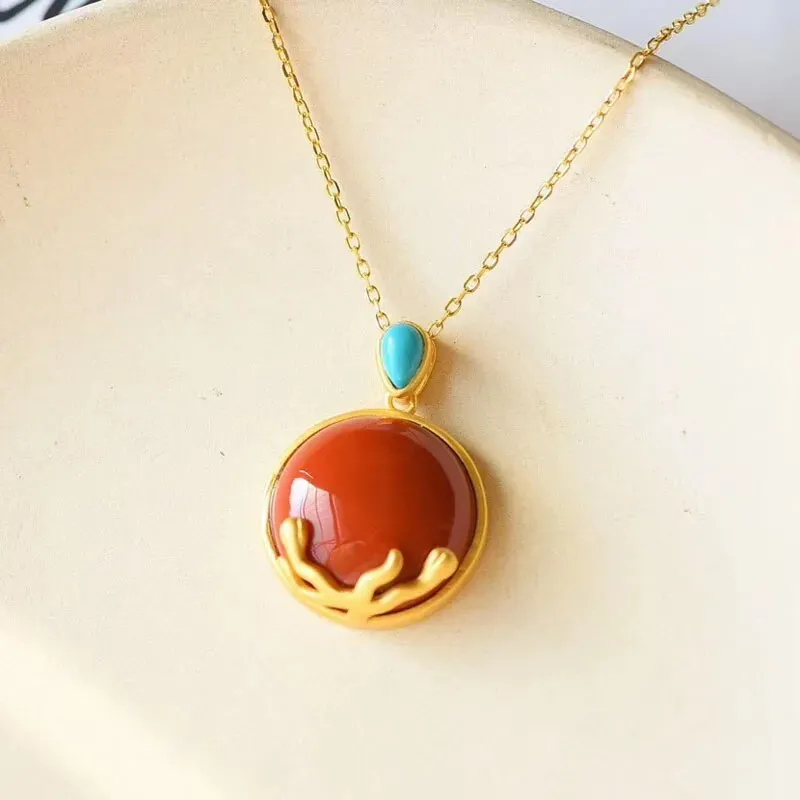 Natural Hetian Chalcedony Pendant Southern Red Tourmaline Necklace