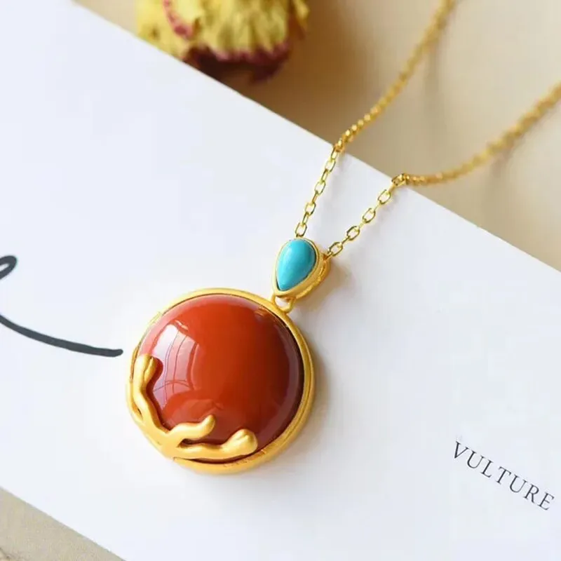 Natural Hetian Chalcedony Pendant Southern Red Tourmaline Necklace