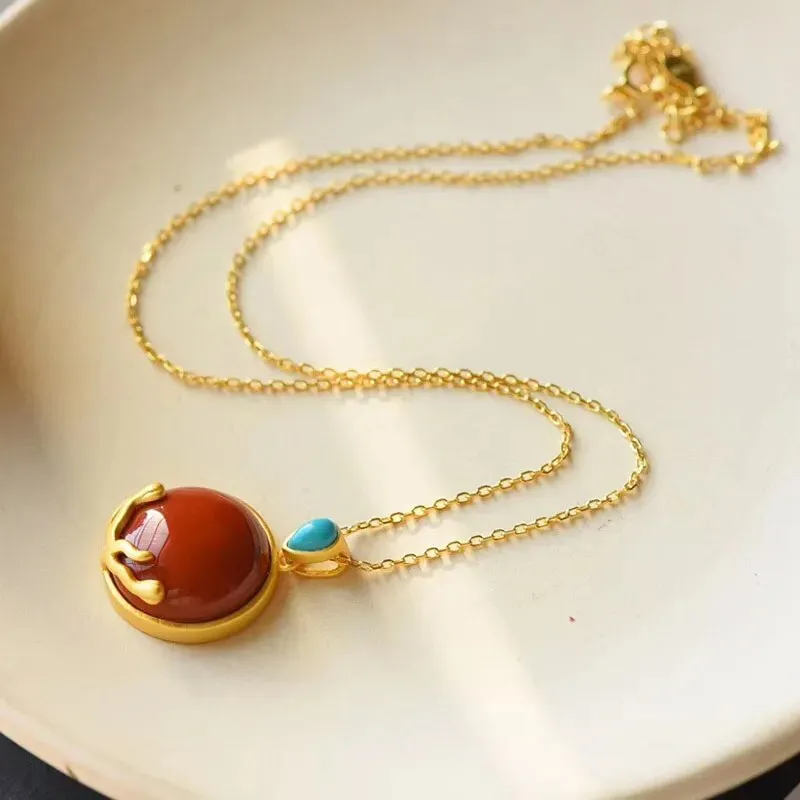 Natural Hetian Chalcedony Pendant Southern Red Tourmaline Necklace