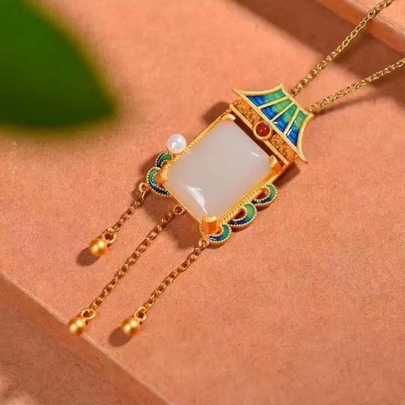 Natural Hetian Jade White Jade Inlaid Pearl Square Pendant