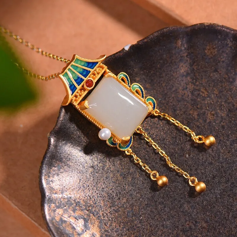 Natural Hetian Jade White Jade Inlaid Pearl Square Pendant