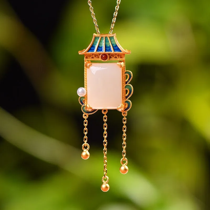 Natural Hetian Jade White Jade Inlaid Pearl Square Pendant