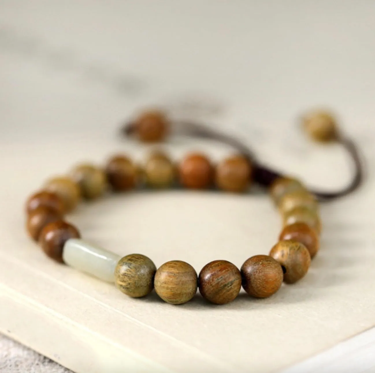 Natural Hetian Jade with Green Sandalwood Wrist Mala Bracelet