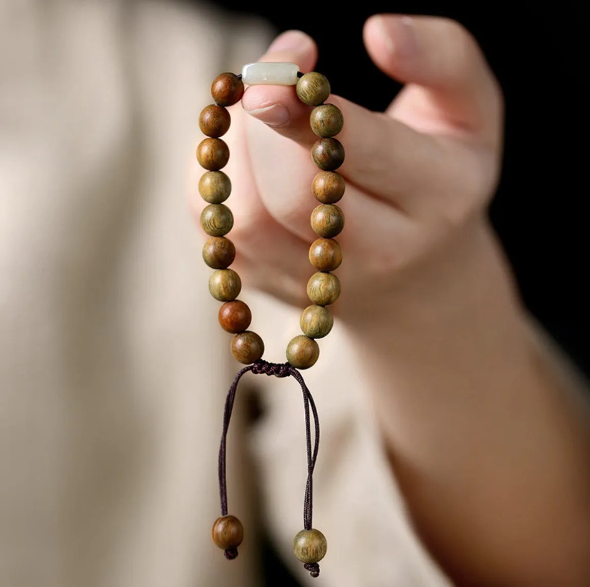 Natural Hetian Jade with Green Sandalwood Wrist Mala Bracelet