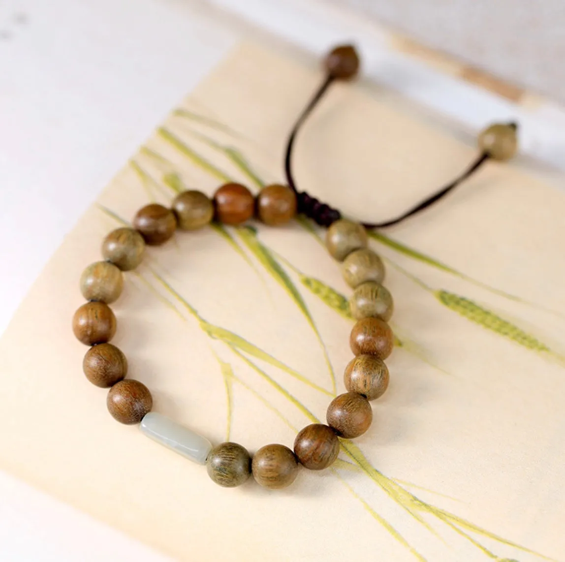 Natural Hetian Jade with Green Sandalwood Wrist Mala Bracelet