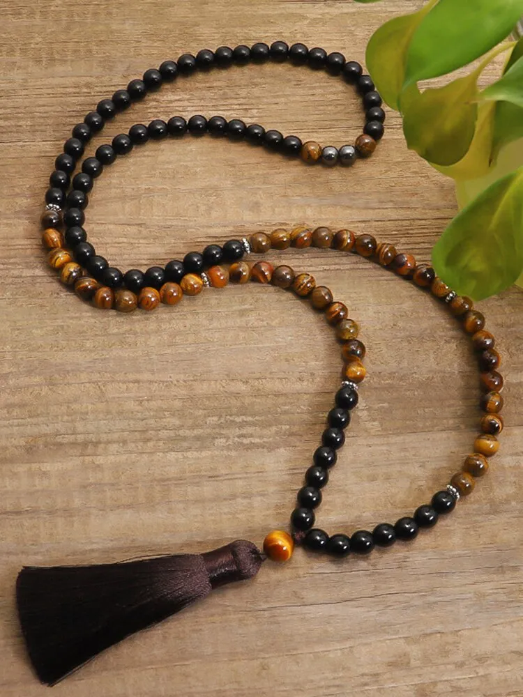 Natural stone necklace tiger eye 8mm bead, japamala 108 necklace