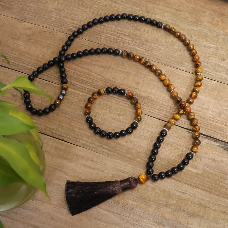 Natural stone necklace tiger eye 8mm bead, japamala 108 necklace